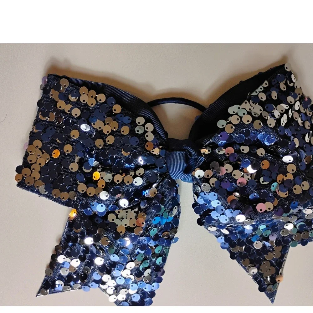 Sparkly Navy Blue Sequin Denim‎ Bow Hair Clip with Custom Name 